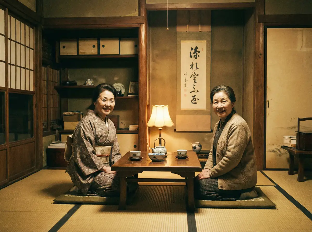 两位优雅的 九一吃瓜 在日式茶室中品茶交谈